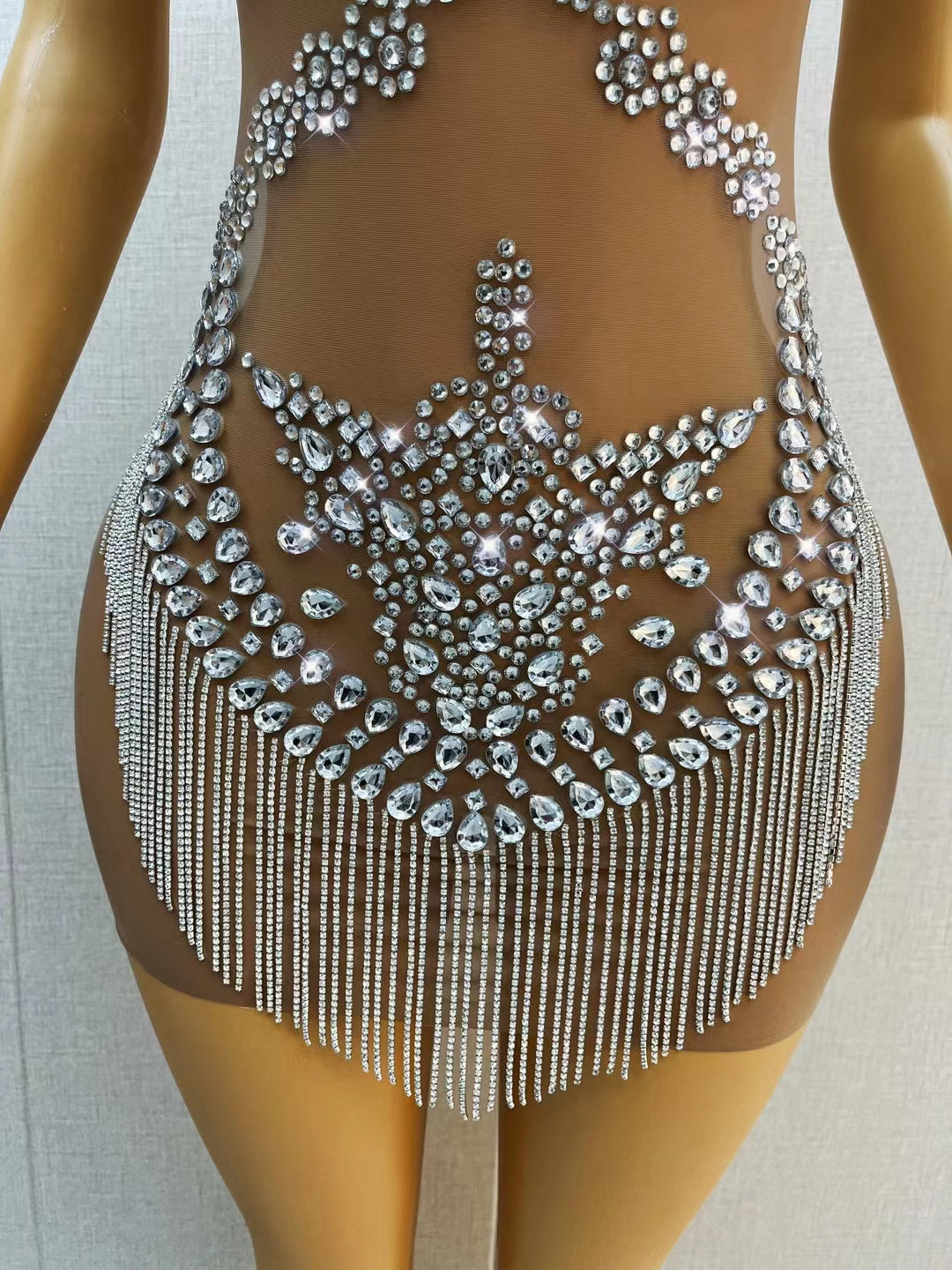 CELESINYI Lianzhuzhi Crystal Chain Mini Dress