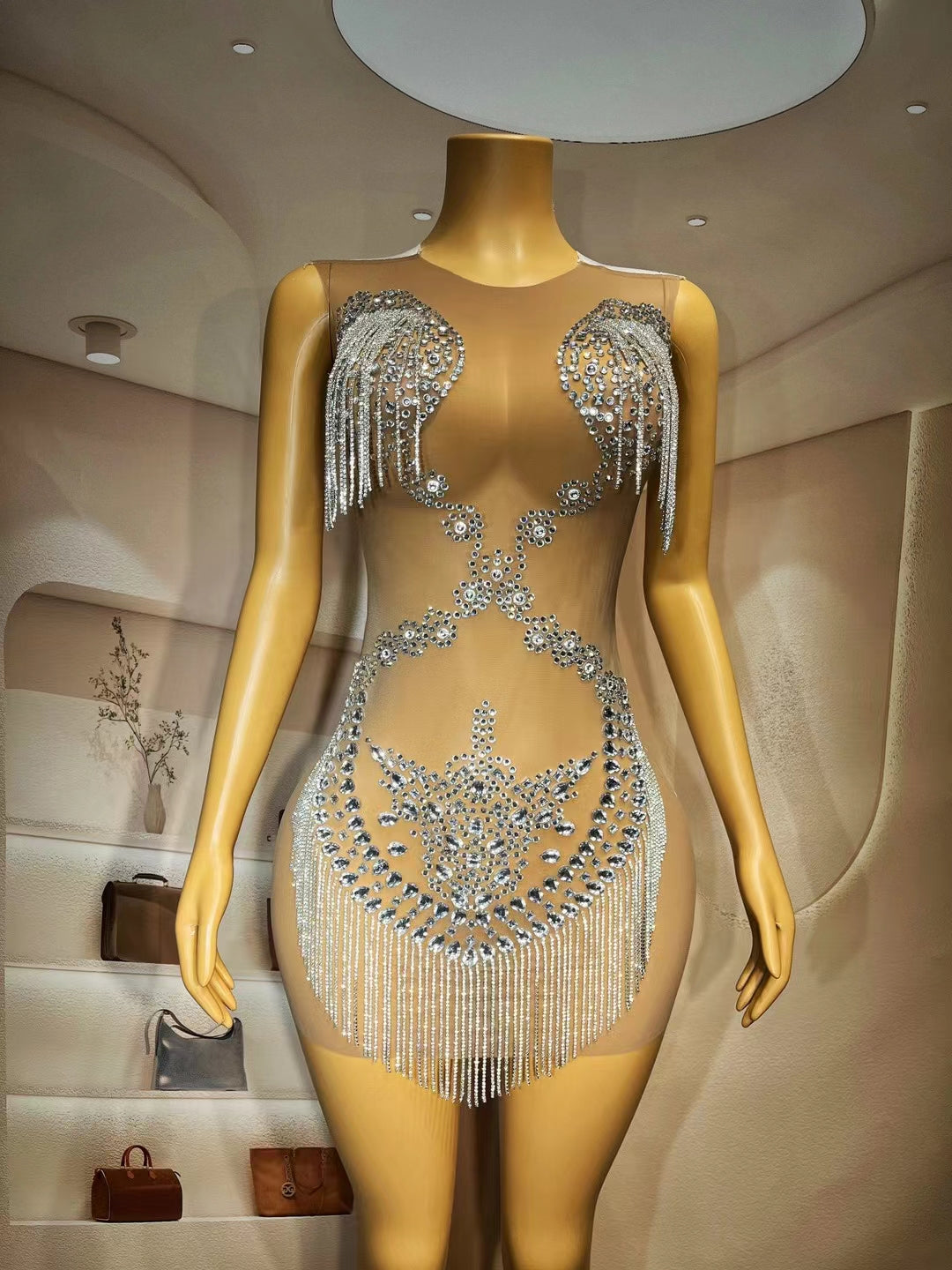 CELESINYI Lianzhuzhi Crystal Chain Mini Dress