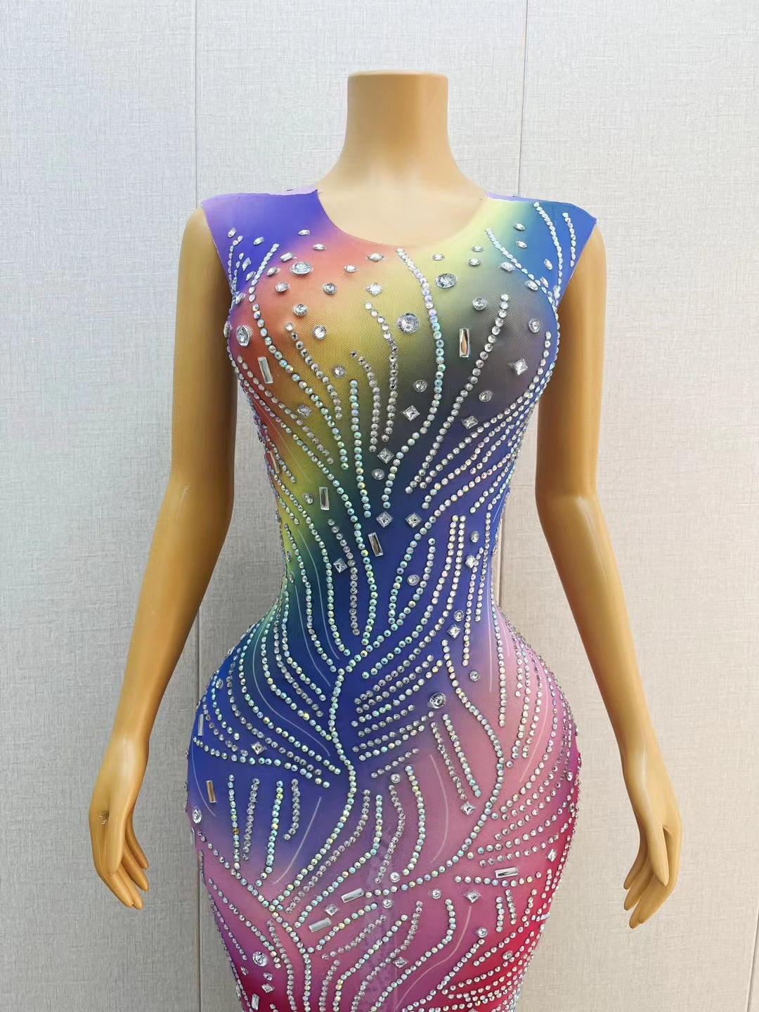 CELESINYI Yinsi Crystal Rainbow Mini Dress