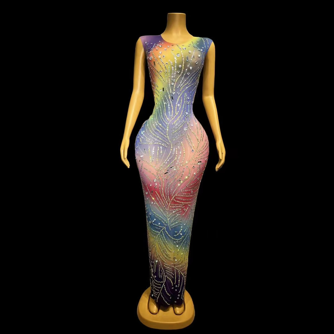 CELESINYI Yinsi Crystal Rainbow Mini Dress
