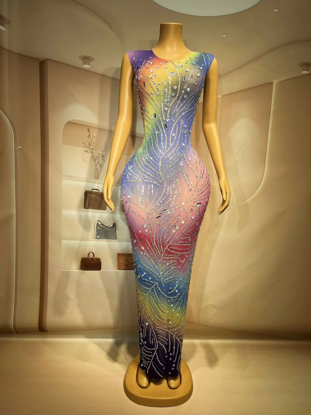 CELESINYI Yinsi Crystal Rainbow Mini Dress