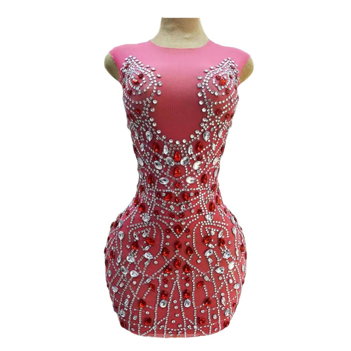 CELESINYI Hongchen Crystal Coral Mini Dress