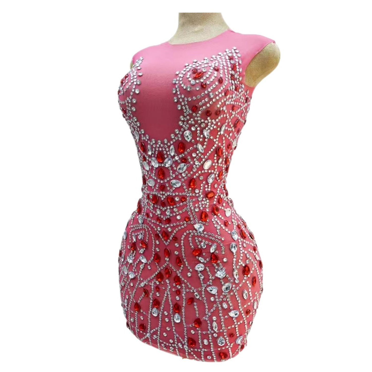CELESINYI Hongchen Crystal Coral Mini Dress