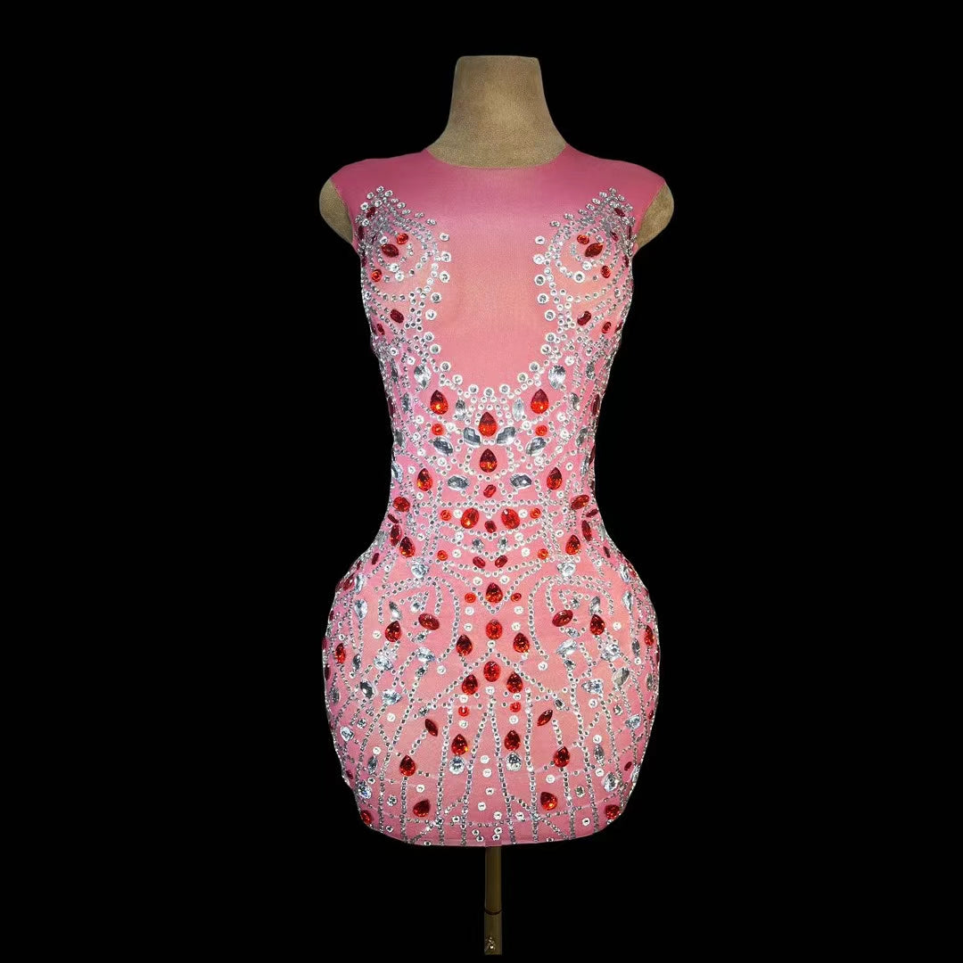 CELESINYI Hongchen Crystal Coral Mini Dress
