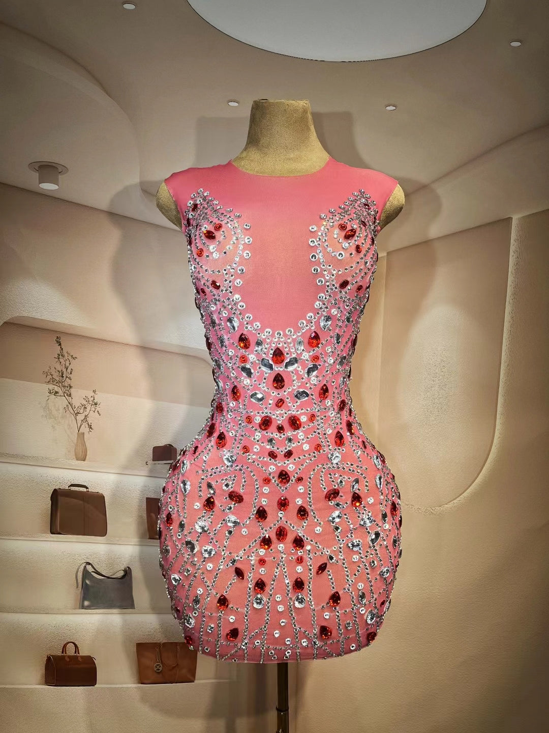 CELESINYI Hongchen Crystal Coral Mini Dress