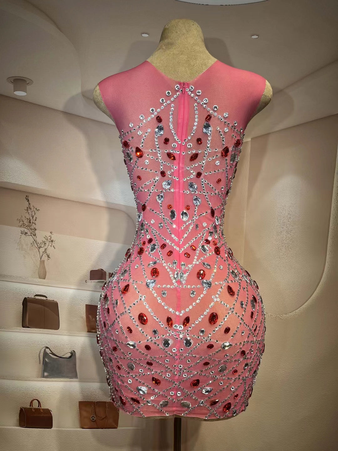 CELESINYI Hongchen Crystal Coral Mini Dress