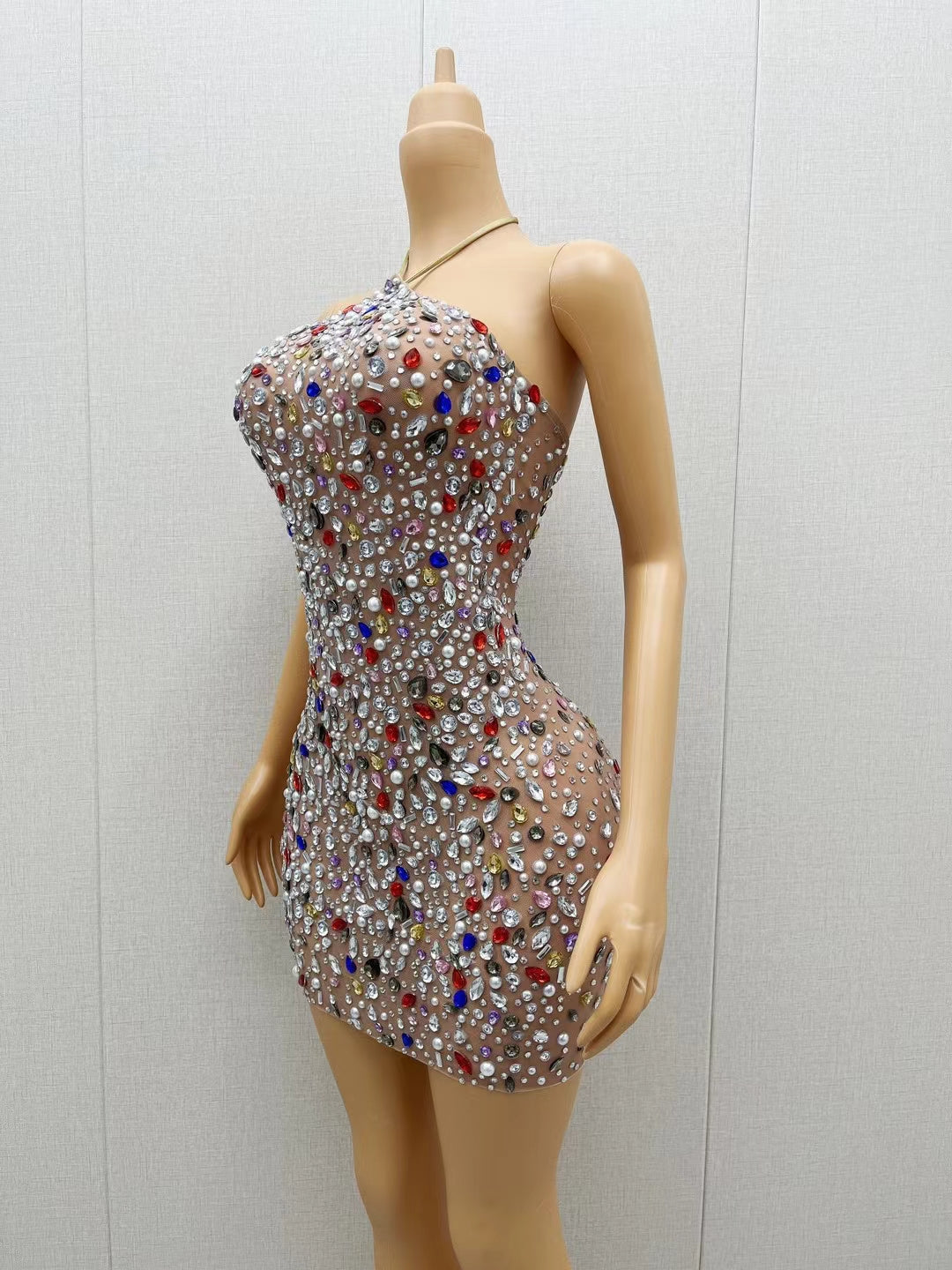 CELESINYI Puermoxiong Crystal Gem Mini Dress