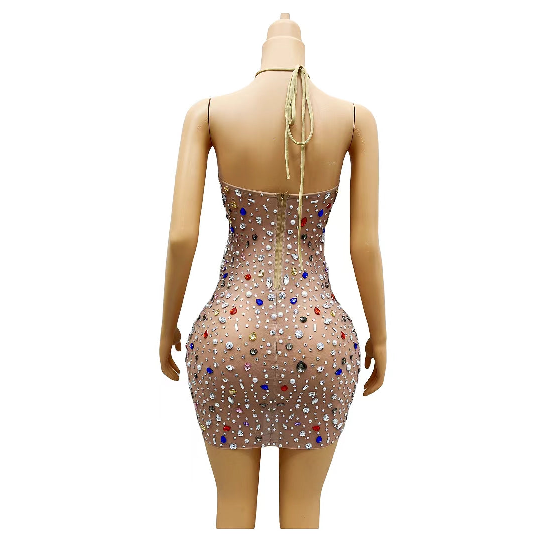CELESINYI Puermoxiong Crystal Gem Mini Dress