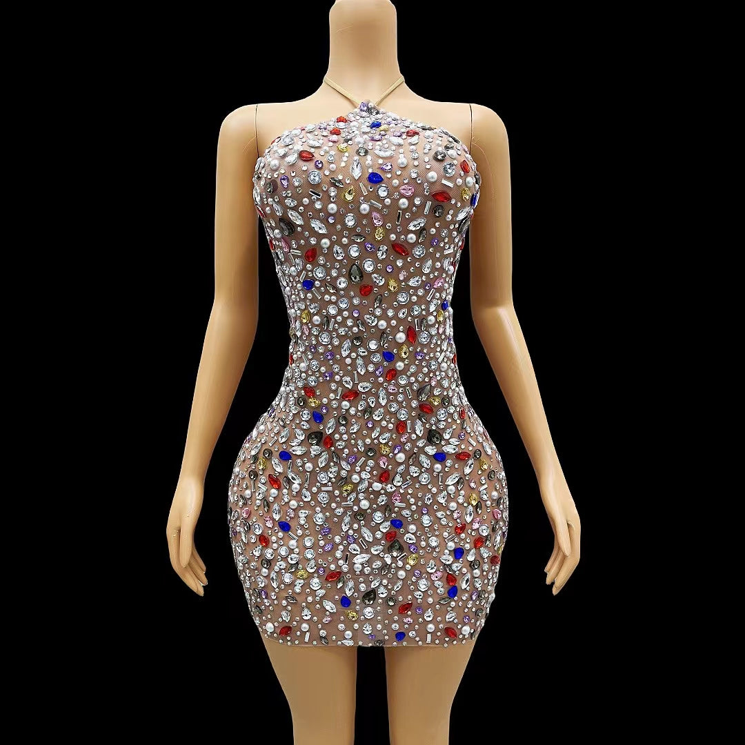 CELESINYI Puermoxiong Crystal Gem Mini Dress