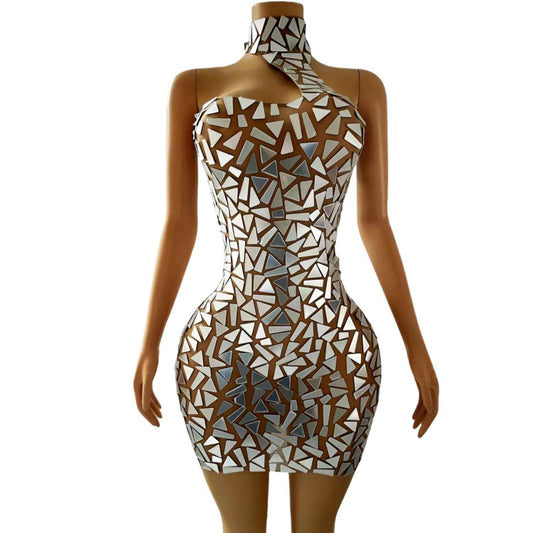 CELESINYI Guabo Crystal Mirror Mini Dress