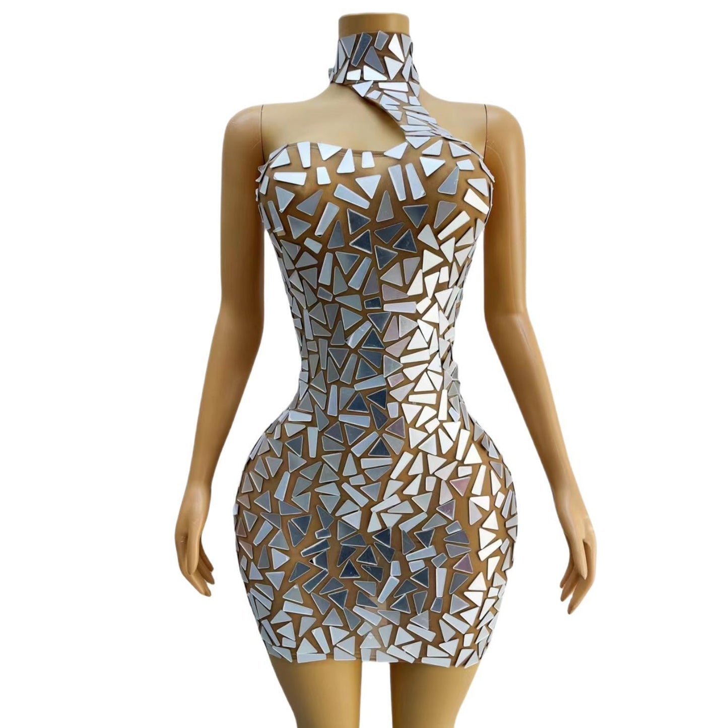 CELESINYI Guabo Crystal Mirror Mini Dress