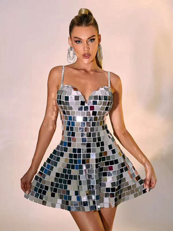 CELESINYI Fangfang Crystal Mirror Mini Dress
