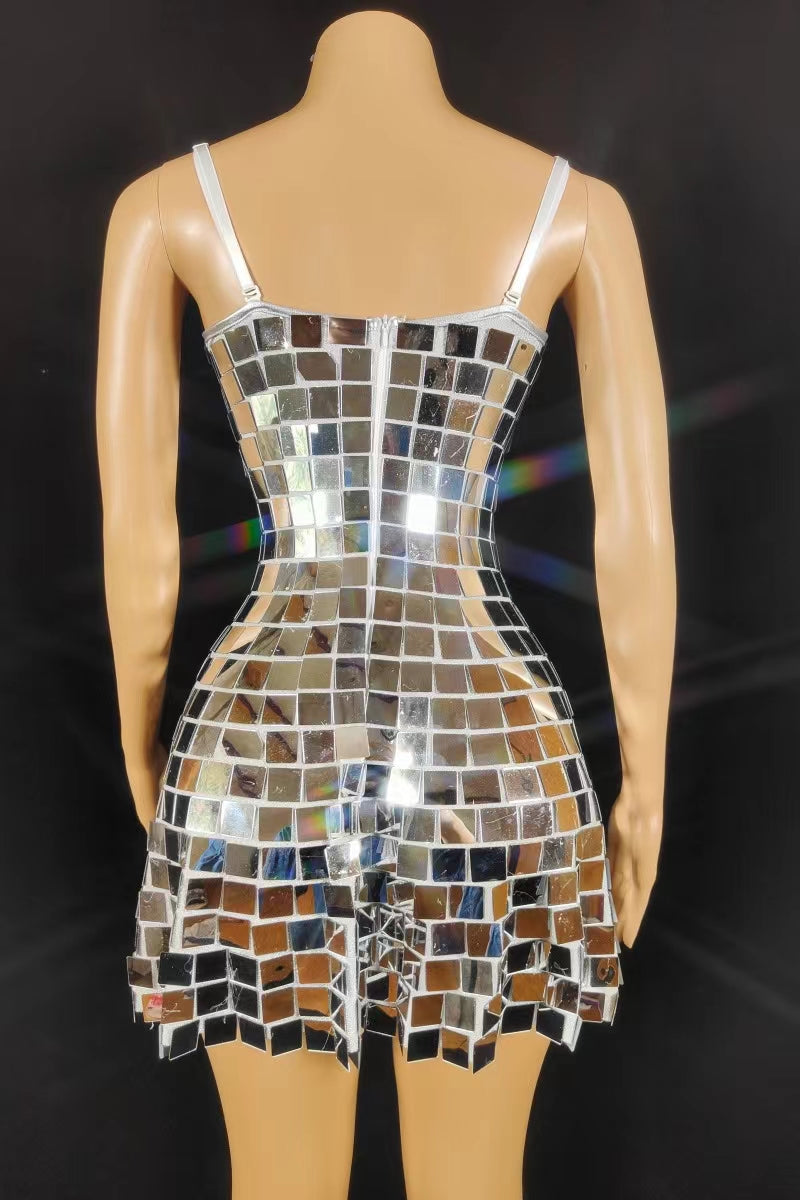 CELESINYI Fangfang Crystal Mirror Mini Dress