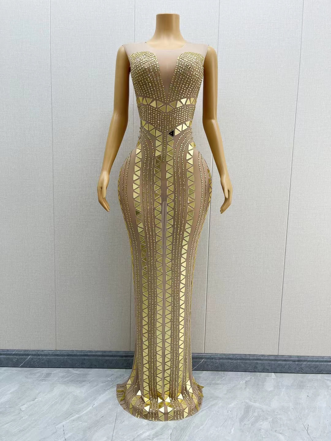CELESINYI Diaoding Crystal Gold Mermaid Gown