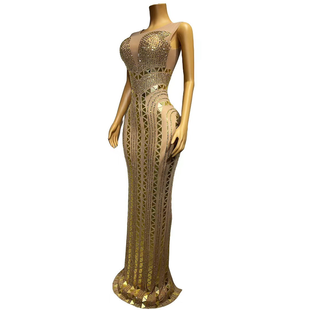 CELESINYI Diaoding Crystal Gold Mermaid Gown