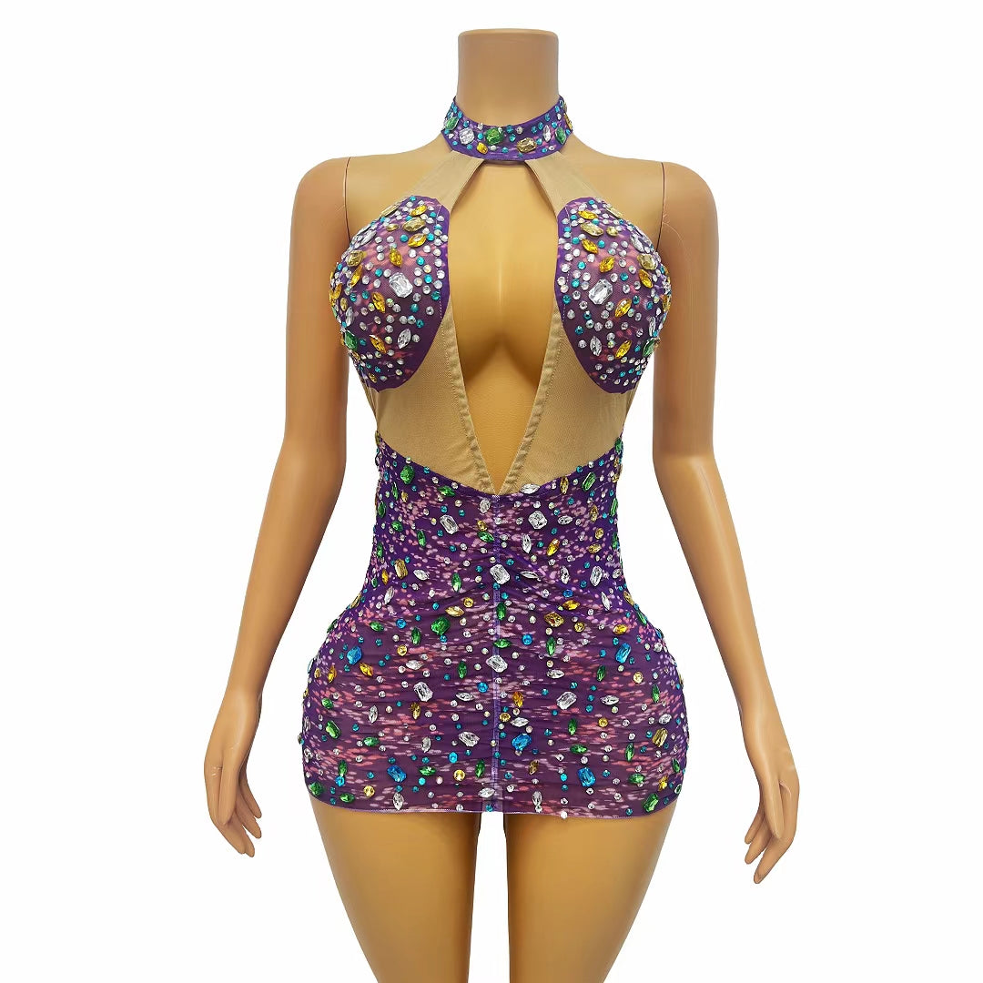 CELESINYI Caihua Crystal Purple Mini Dress