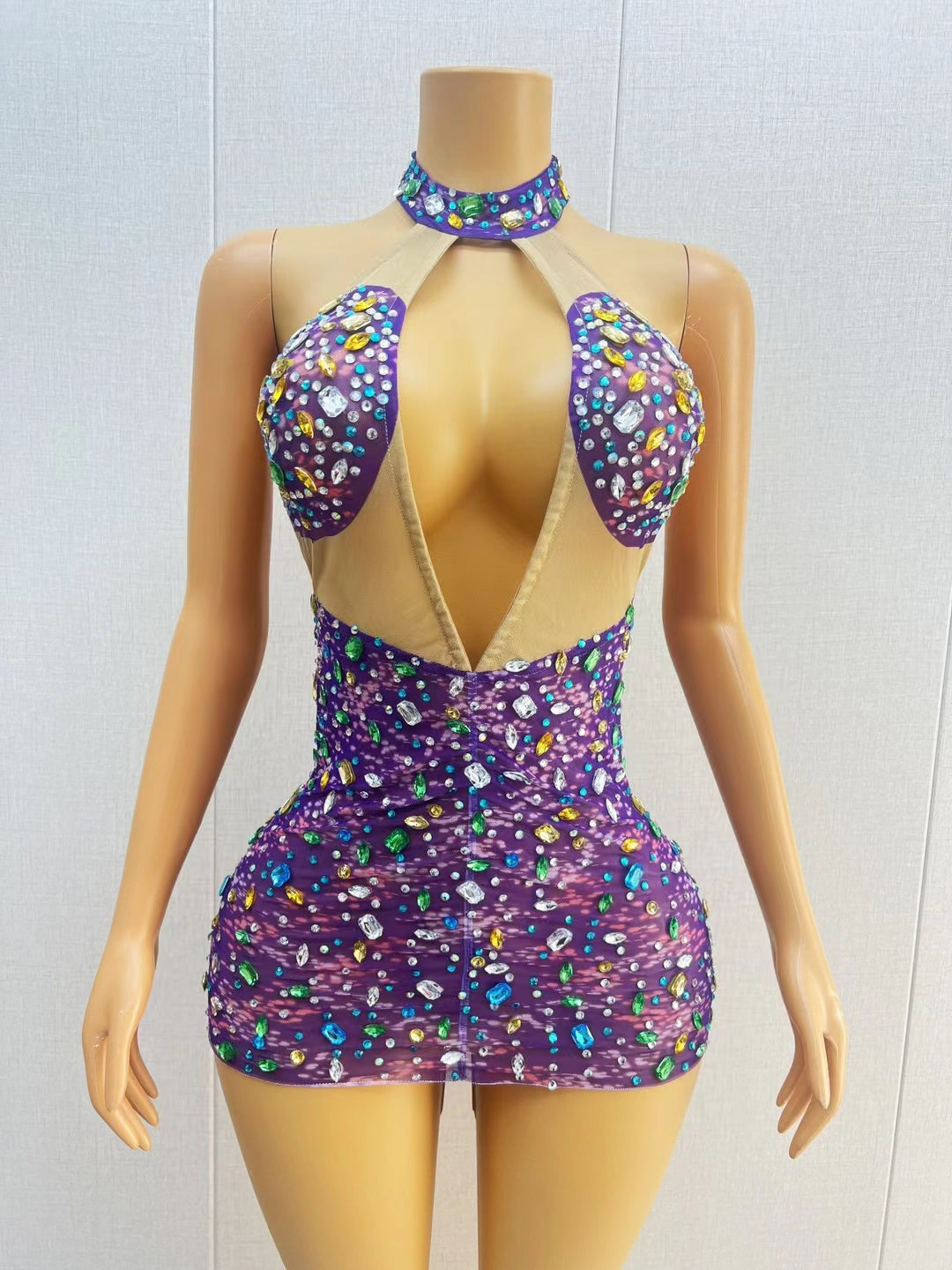 CELESINYI Caihua Crystal Purple Mini Dress