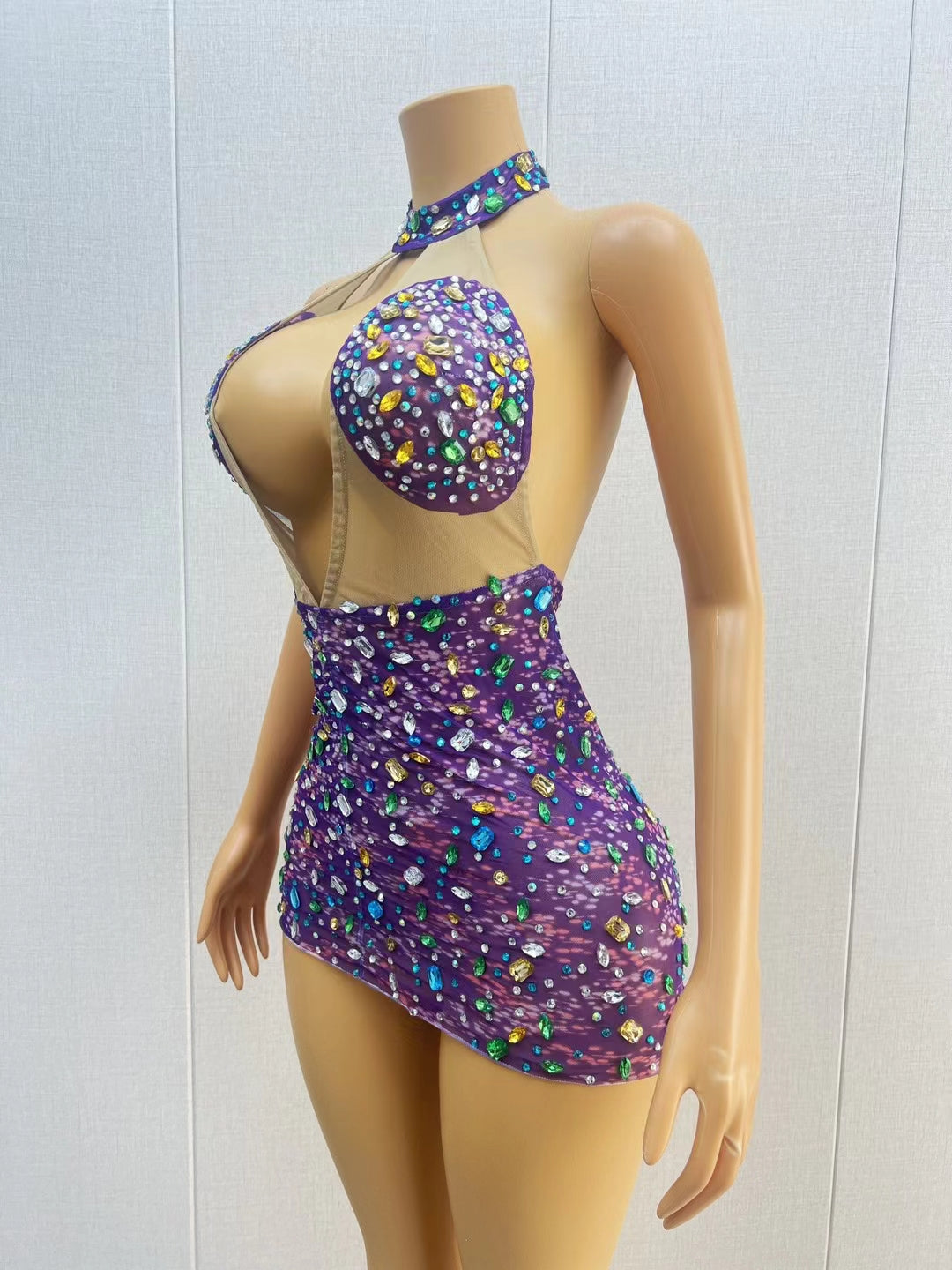 CELESINYI Caihua Crystal Purple Mini Dress
