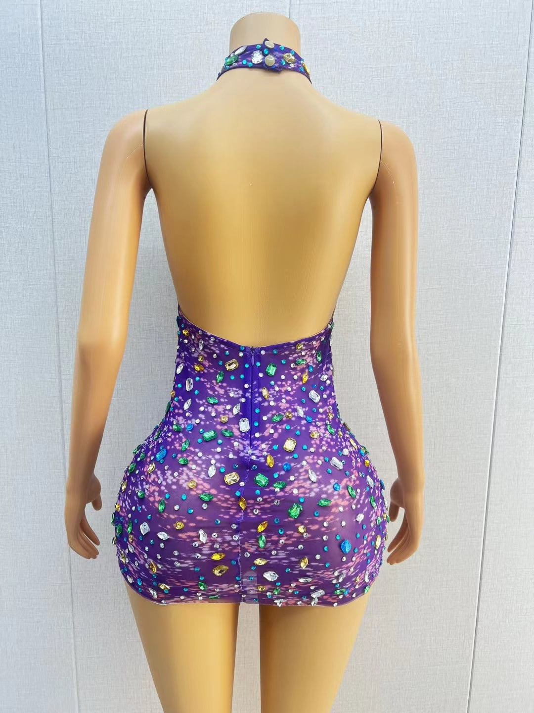 CELESINYI Caihua Crystal Purple Mini Dress