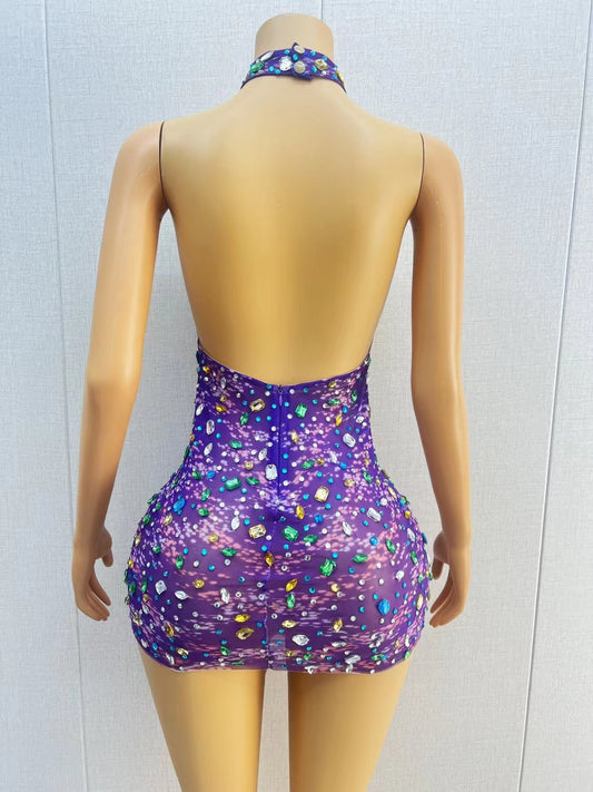 CELESINYI Caihua Crystal Purple Mini Dress