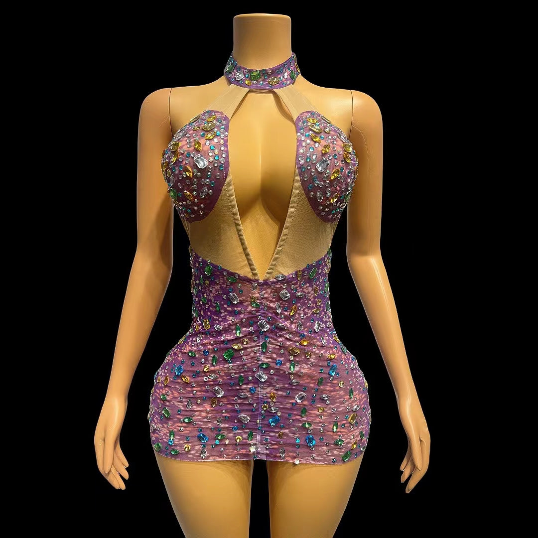 CELESINYI Caihua Crystal Purple Mini Dress