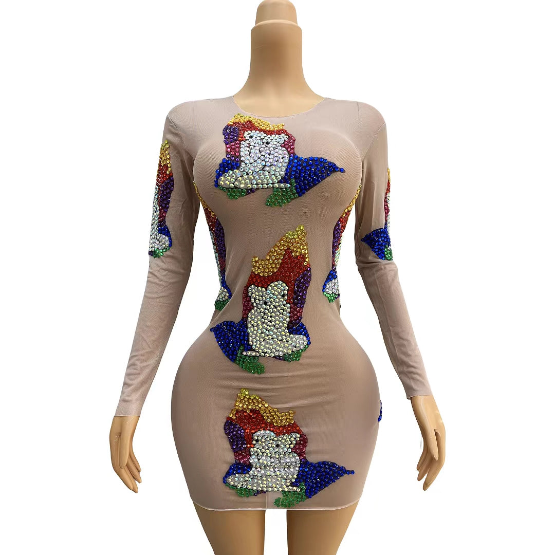 CELESINYI Qifu Crystal Rainbow Mini Dress