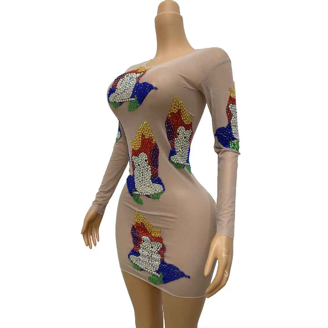CELESINYI Qifu Crystal Rainbow Mini Dress