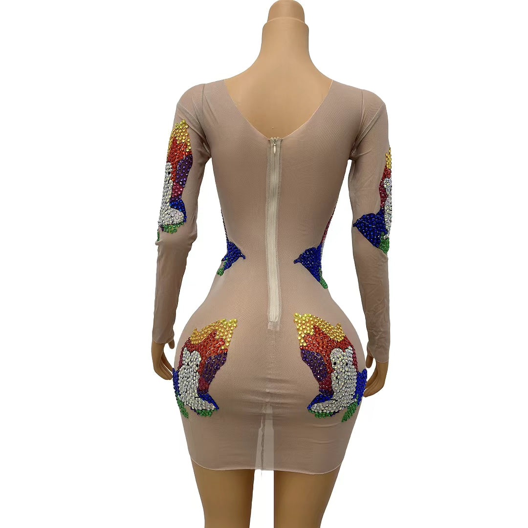 CELESINYI Qifu Crystal Rainbow Mini Dress