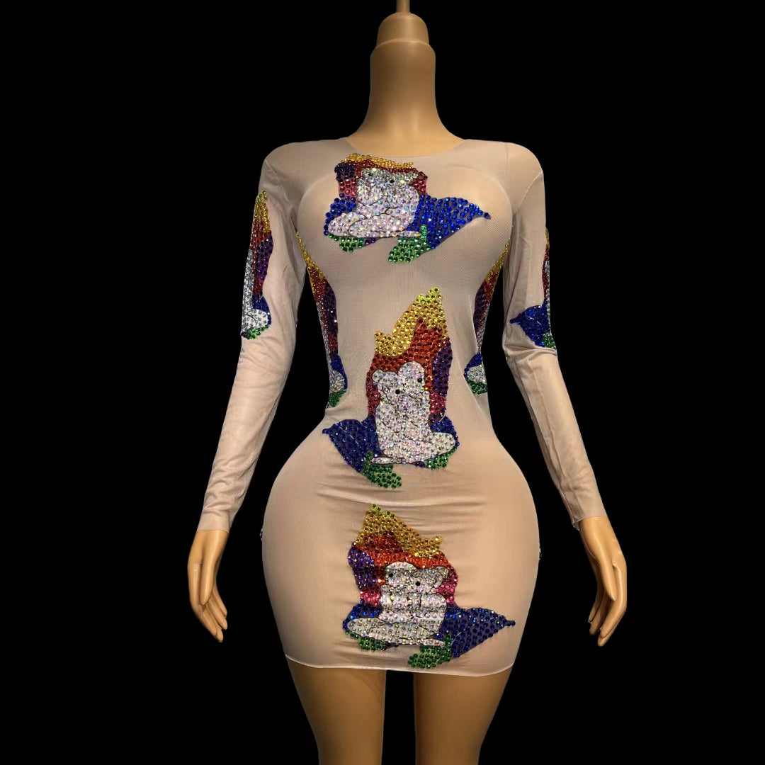 CELESINYI Qifu Crystal Rainbow Mini Dress