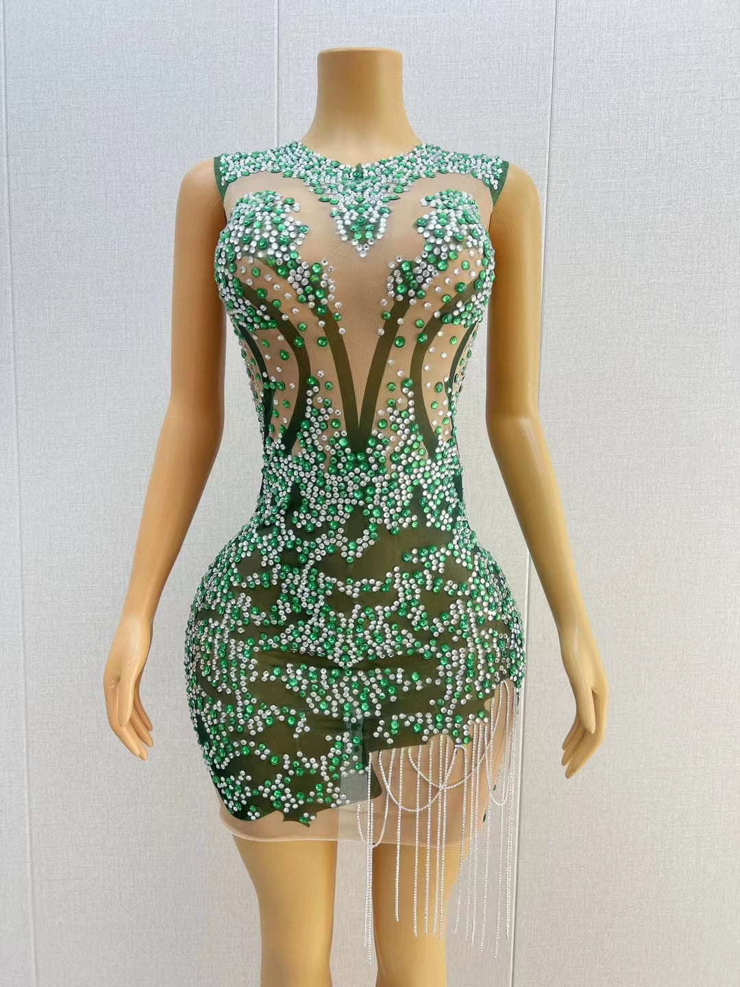 CELESINYI Shenlin Crystal Emerald Mini Dress