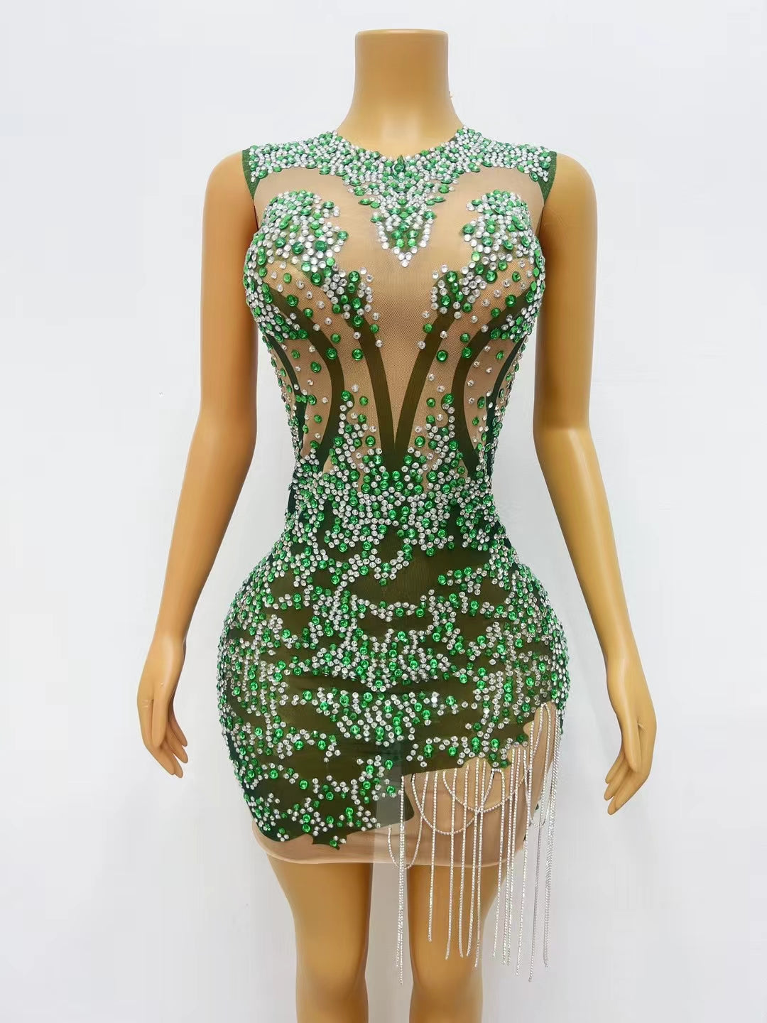 CELESINYI Shenlin Crystal Emerald Mini Dress