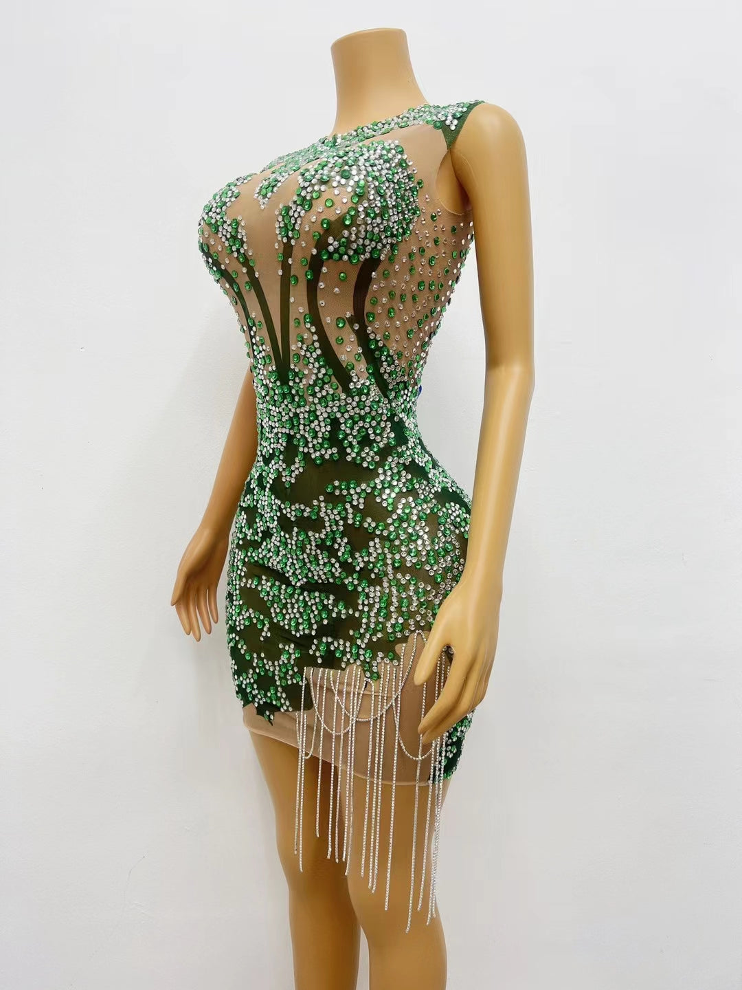 CELESINYI Shenlin Crystal Emerald Mini Dress