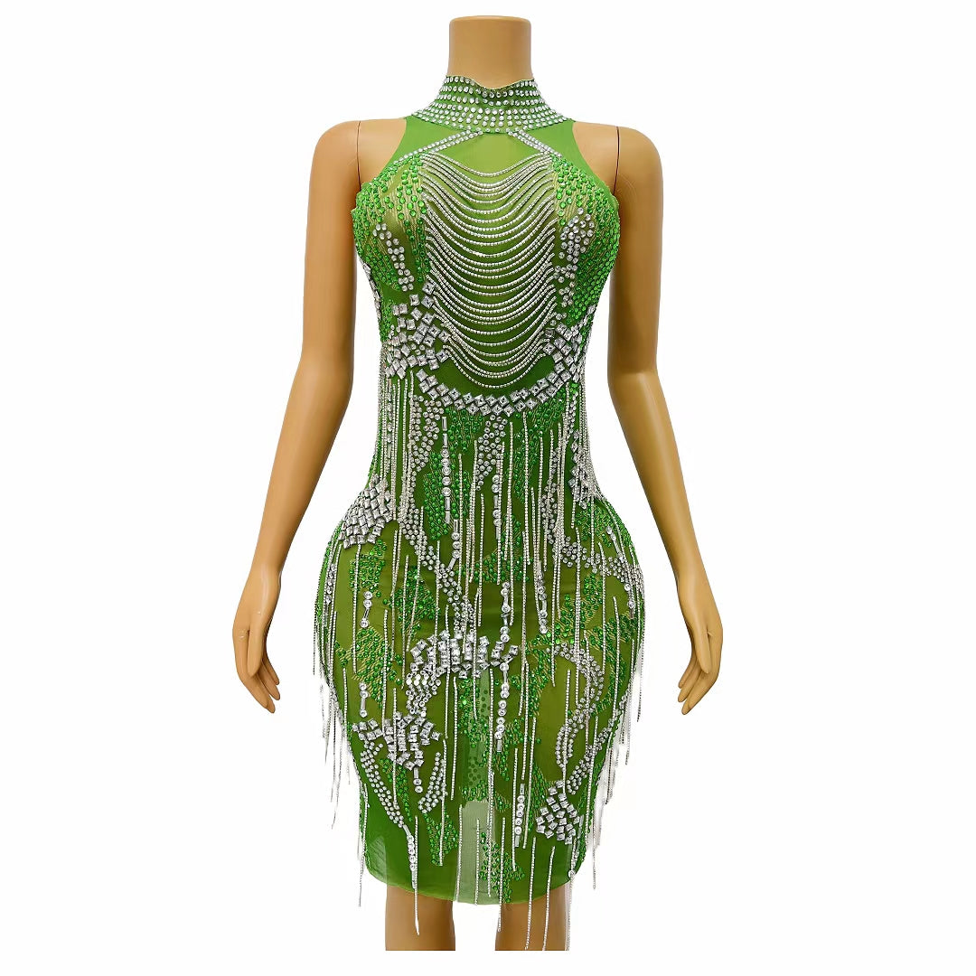 CELESINYI Lvyi Crystal Vine Mini Dress