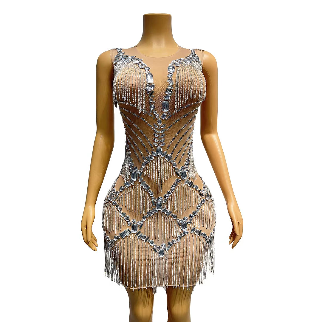 CELESINYI Yinsha Crystal Fringe Mini Dress