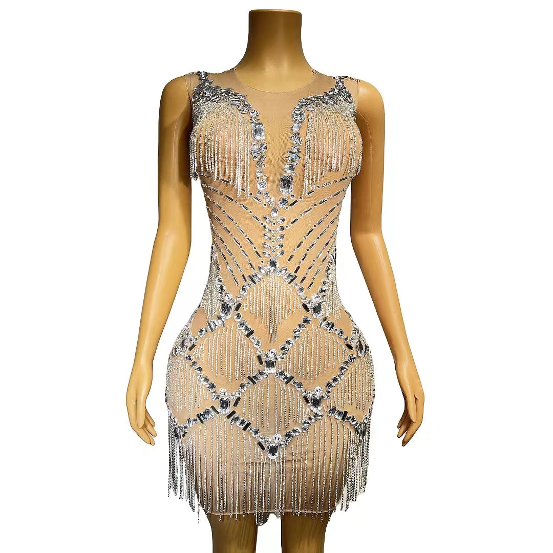 CELESINYI Yinsha Crystal Fringe Mini Dress