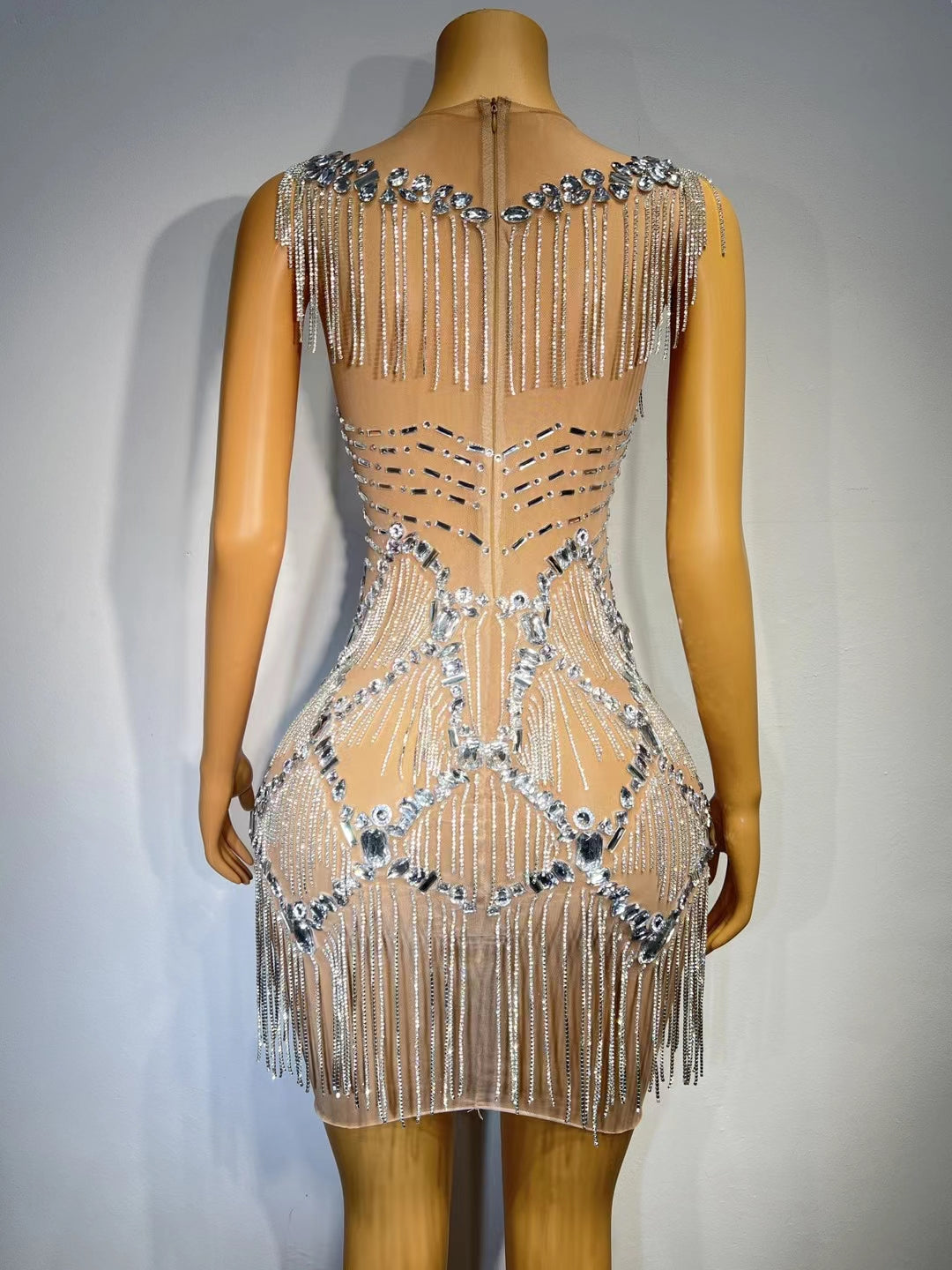 CELESINYI Yinsha Crystal Fringe Mini Dress