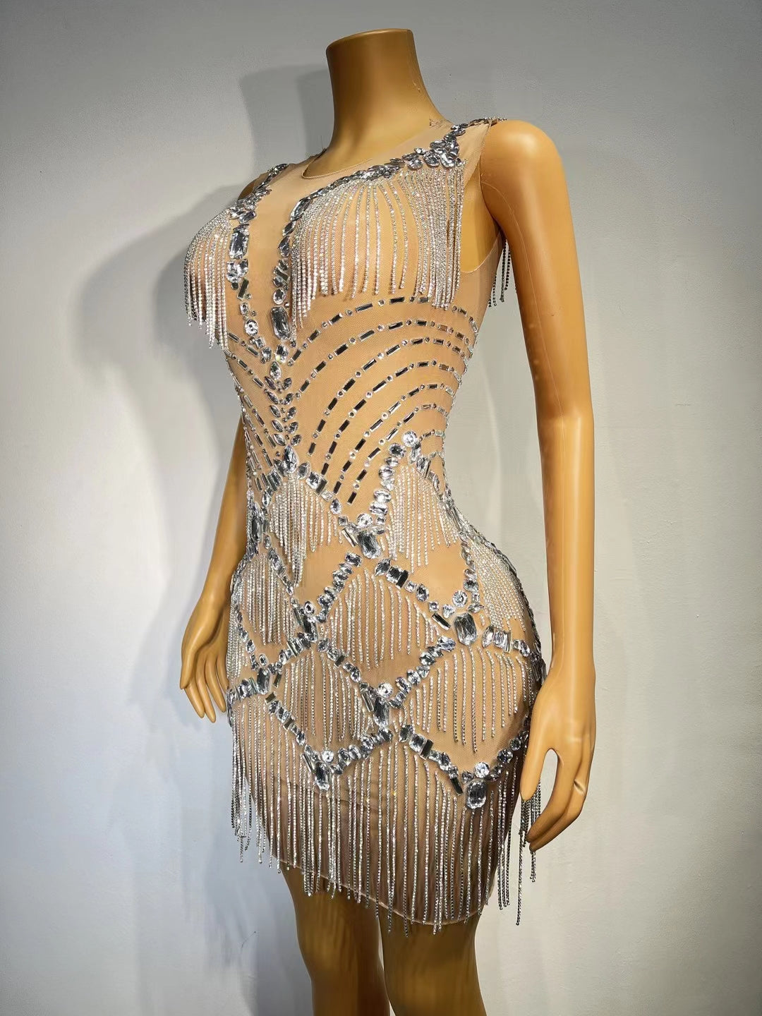 CELESINYI Yinsha Crystal Fringe Mini Dress