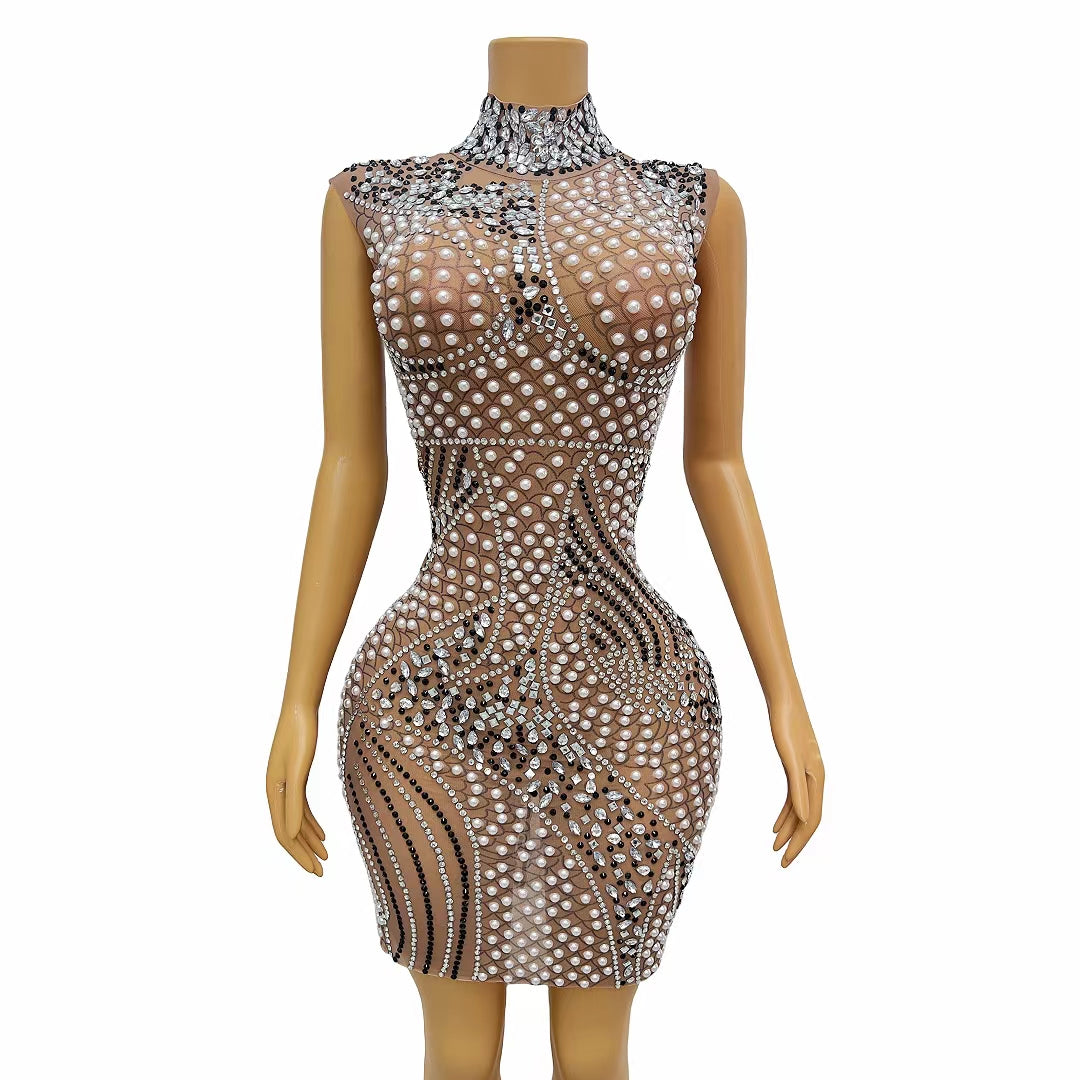 CELESINYI Youhuozhu Crystal Pearl Mini Dress