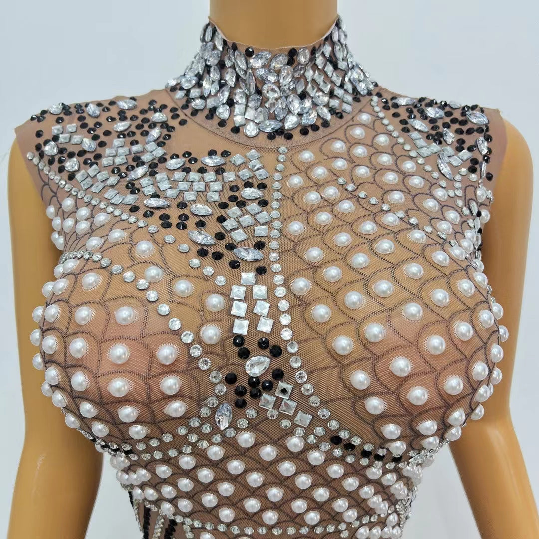 CELESINYI Youhuozhu Crystal Pearl Mini Dress