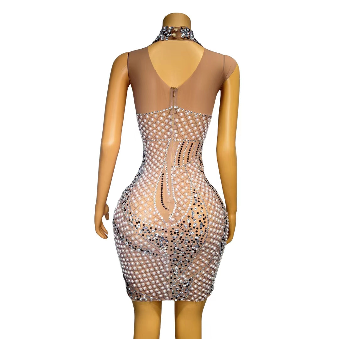 CELESINYI Youhuozhu Crystal Pearl Mini Dress