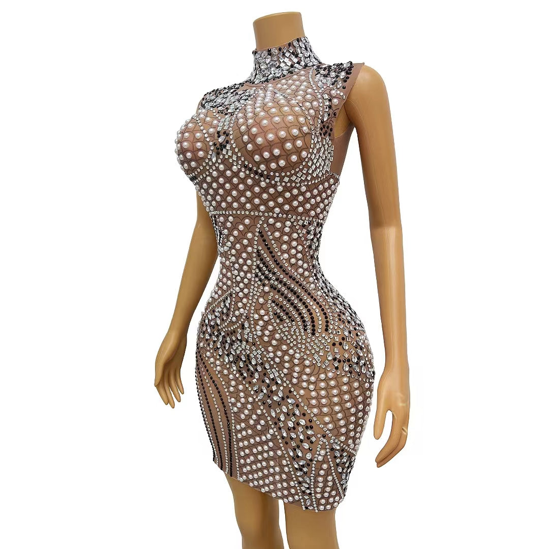 CELESINYI Youhuozhu Crystal Pearl Mini Dress