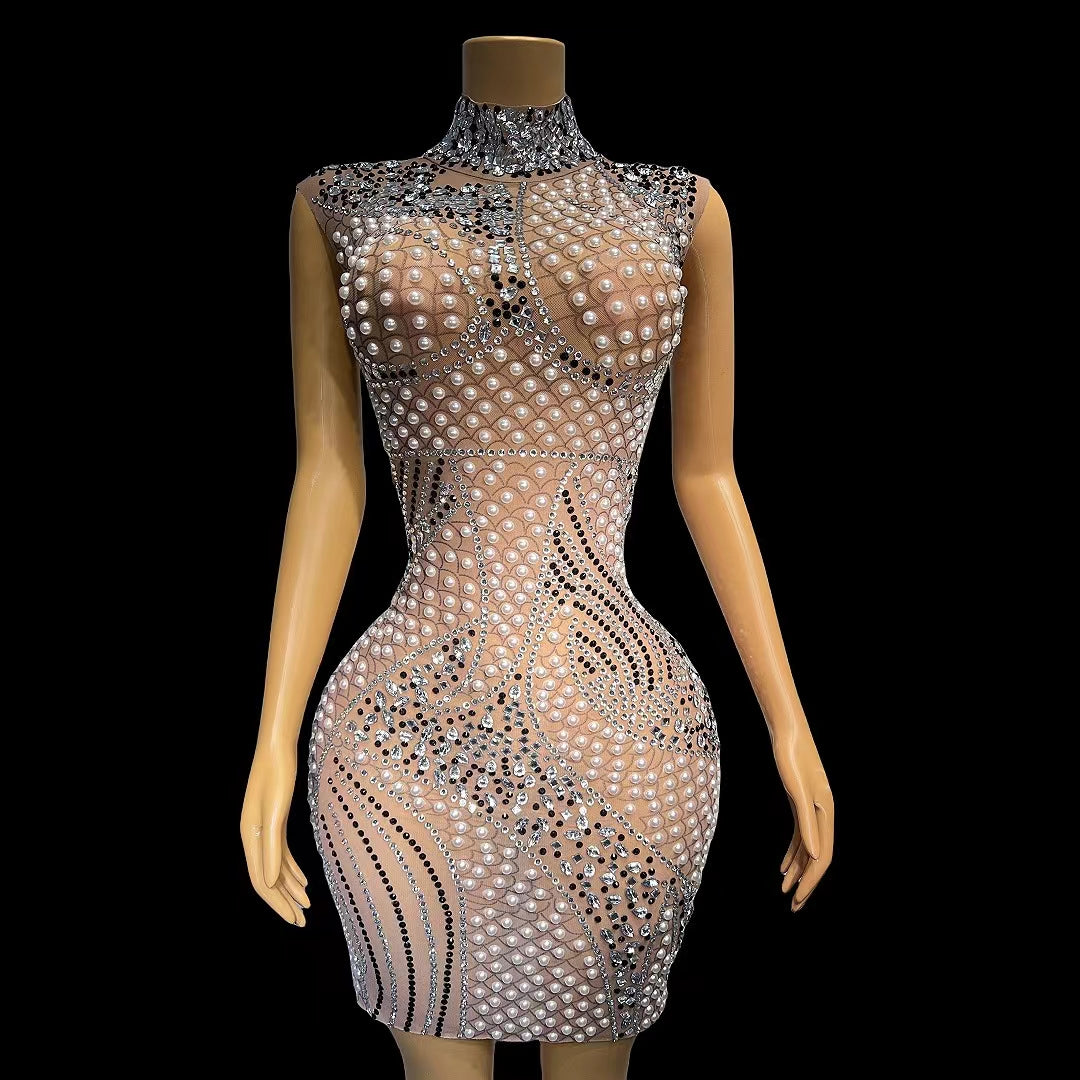 CELESINYI Youhuozhu Crystal Pearl Mini Dress
