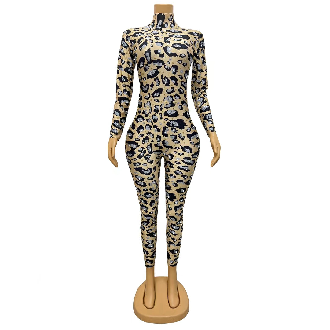 CELESINYI Baowenku Crystal Leopard Jumpsuit
