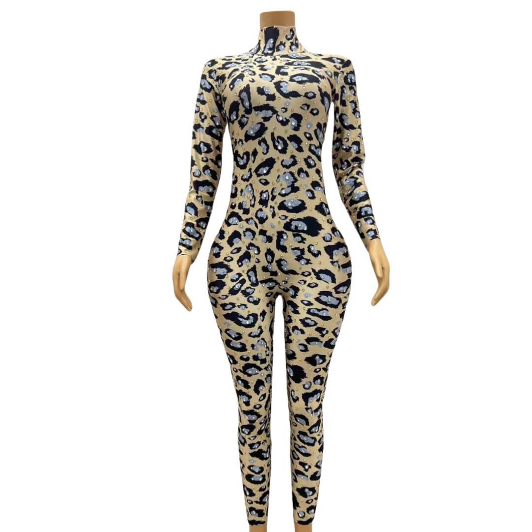 CELESINYI Baowenku Crystal Leopard Jumpsuit