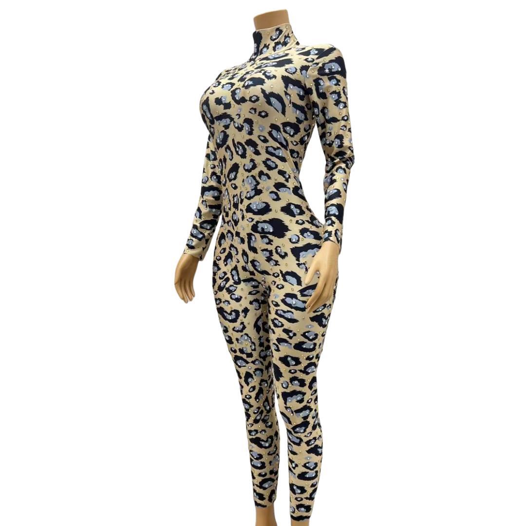 CELESINYI Baowenku Crystal Leopard Jumpsuit