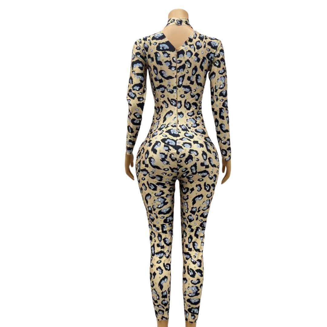 CELESINYI Baowenku Crystal Leopard Jumpsuit
