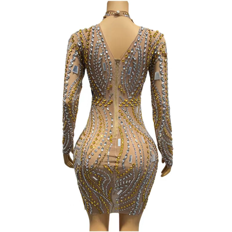 CELESINYI Xishui Crystal Mirror Mini Dress