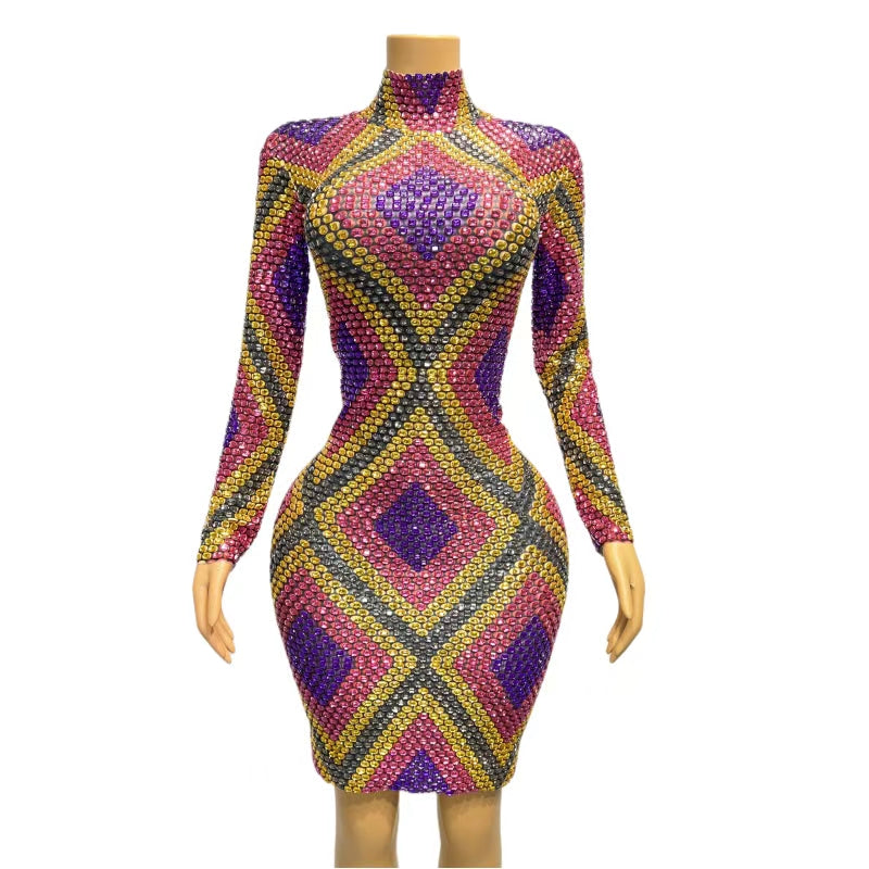 CELESINYI Wuziqi Crystal Mosaic Mini Dress