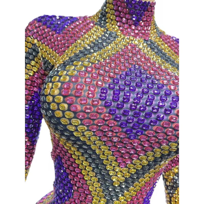 CELESINYI Wuziqi Crystal Mosaic Mini Dress