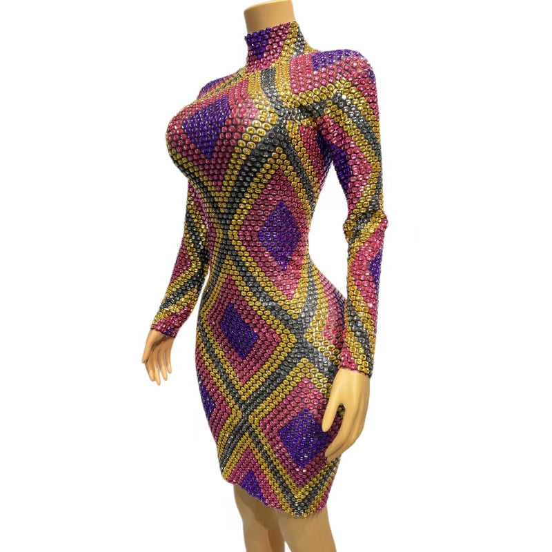 CELESINYI Wuziqi Crystal Mosaic Mini Dress